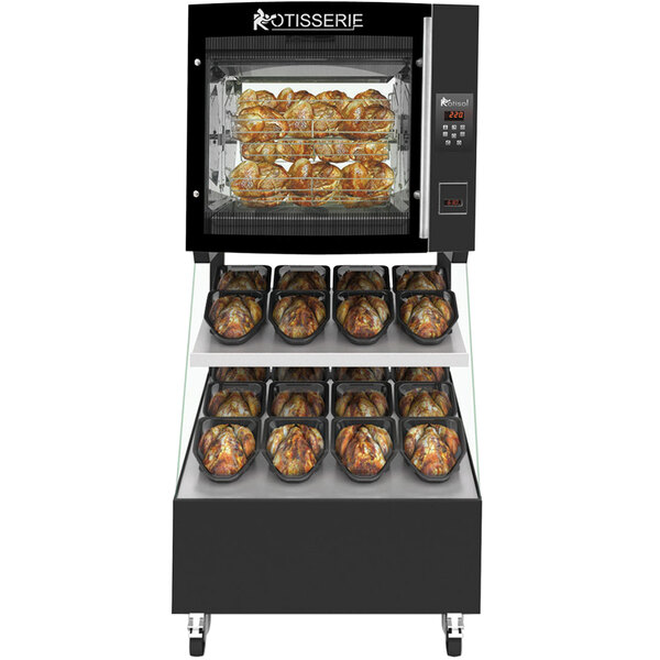 A Rotisol-France electric rotisserie with trays of chicken inside.