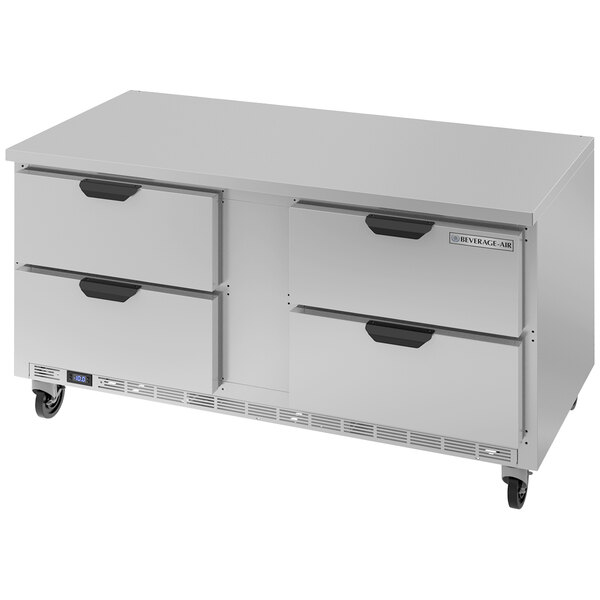 A white metal Beverage-Air worktop freezer with four drawers.