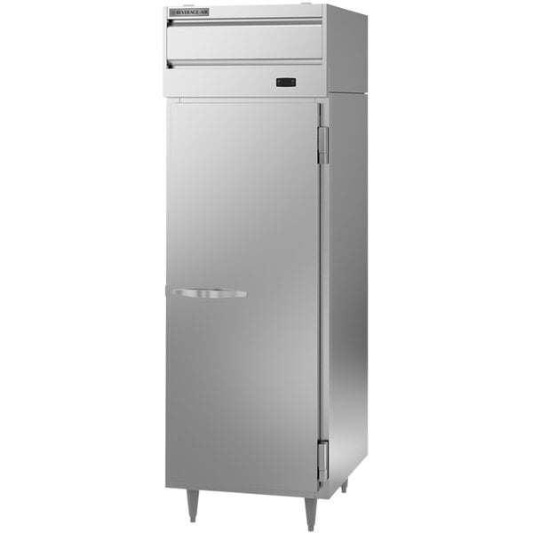 A silver Beverage-Air reach-in freezer with a handle on the door.