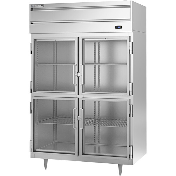A white Beverage-Air metal reach-in refrigerator with glass half doors.