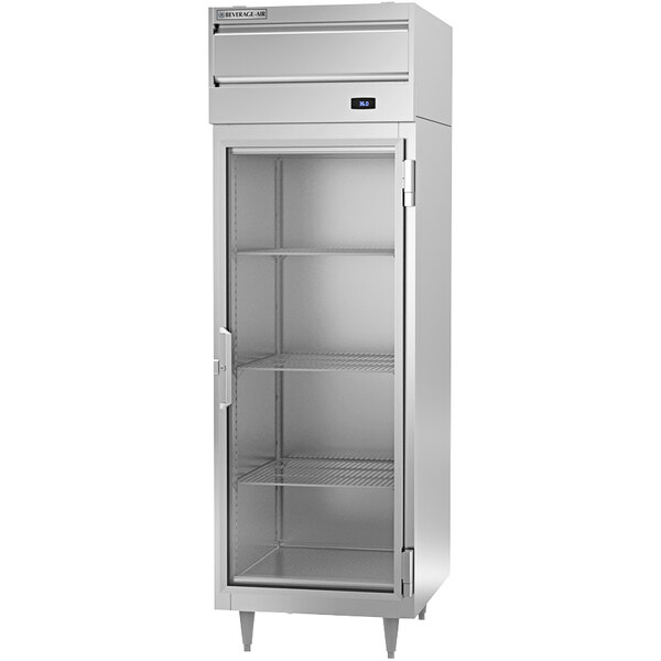 A stainless steel Beverage-Air reach-in refrigerator with glass doors and shelves.