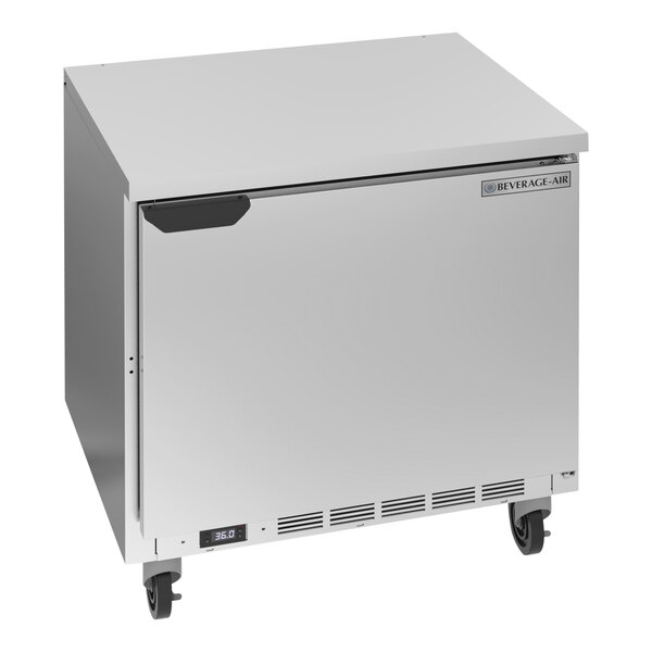 A Beverage-Air stainless steel undercounter refrigerator with wheels.