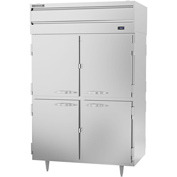 A stainless steel Beverage-Air pass through freezer with two half doors.