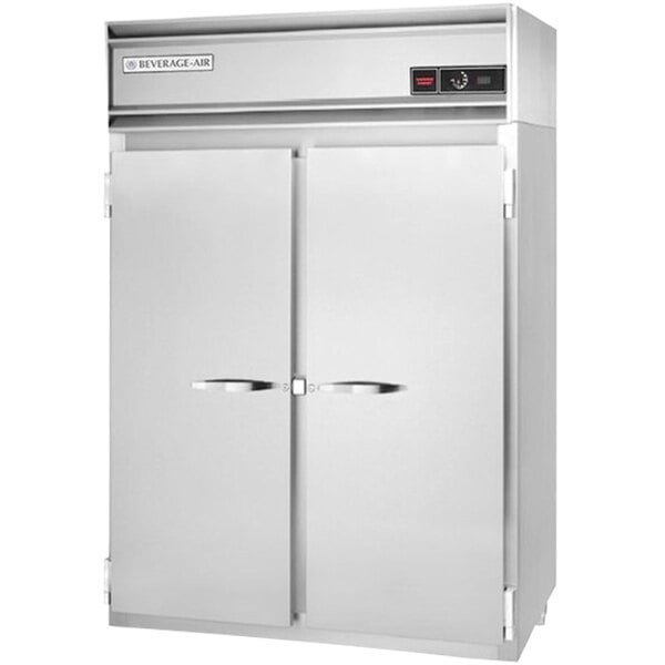 A white Beverage-Air roll-in warming cabinet with two doors.