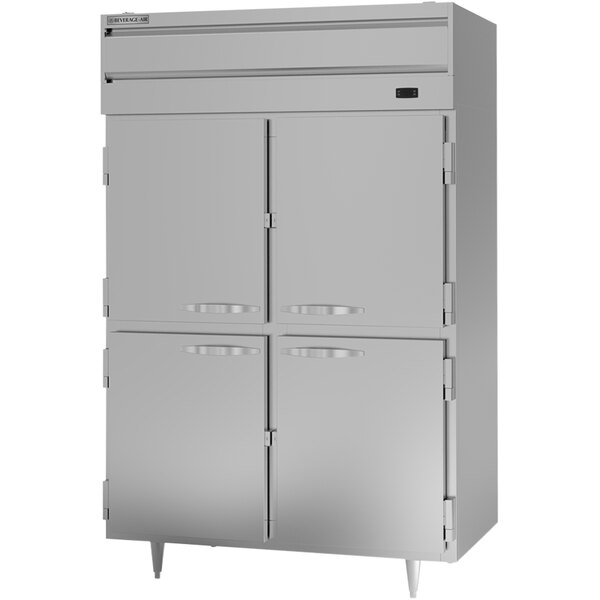 A silver Beverage-Air reach-in freezer with two half doors.