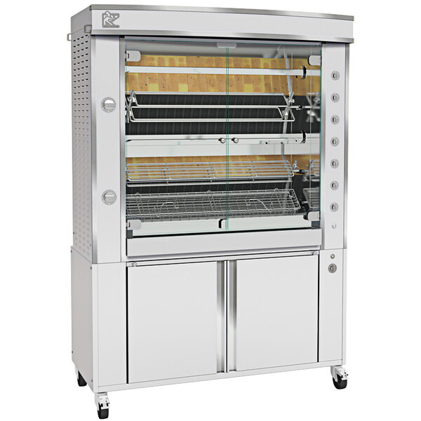 A large stainless steel Rotisol-France rotisserie oven with glass doors.