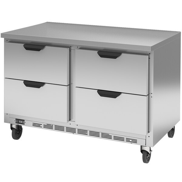 A stainless steel Beverage-Air worktop freezer with four drawers.