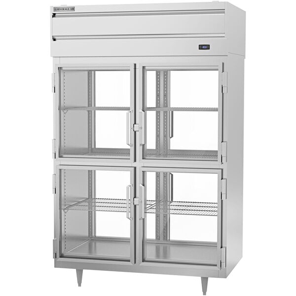 A Beverage-Air stainless steel pass-through freezer with glass doors.