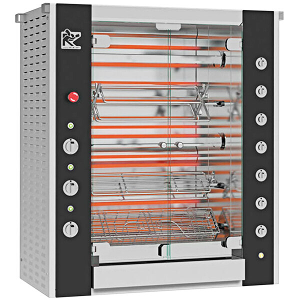 A Rotisol-France GrandFlame electric rotisserie oven with 5 spits and a glass door.