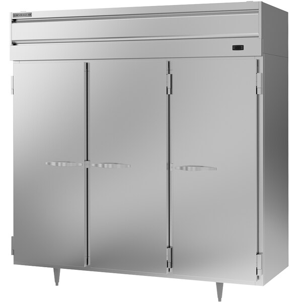 A large silver Beverage-Air reach-in freezer with three white doors and handles.