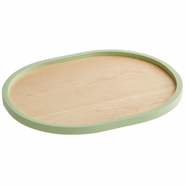 A Cal-Mil maple wood serving tray with a matcha green rim.