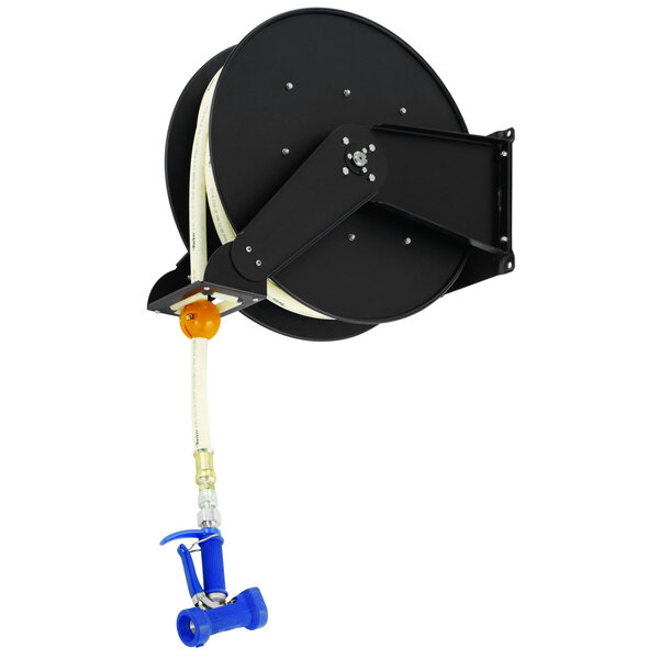 A T&S black steel hose reel with a hose attached.