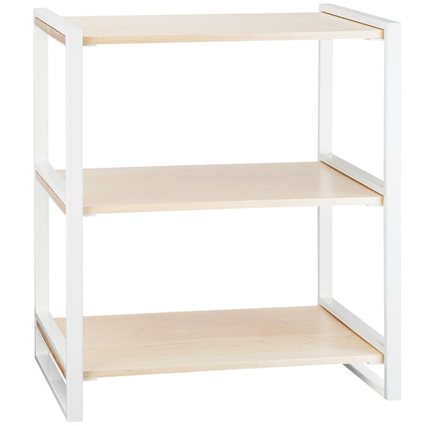 A blonde maple wood three tier riser with white shelves.