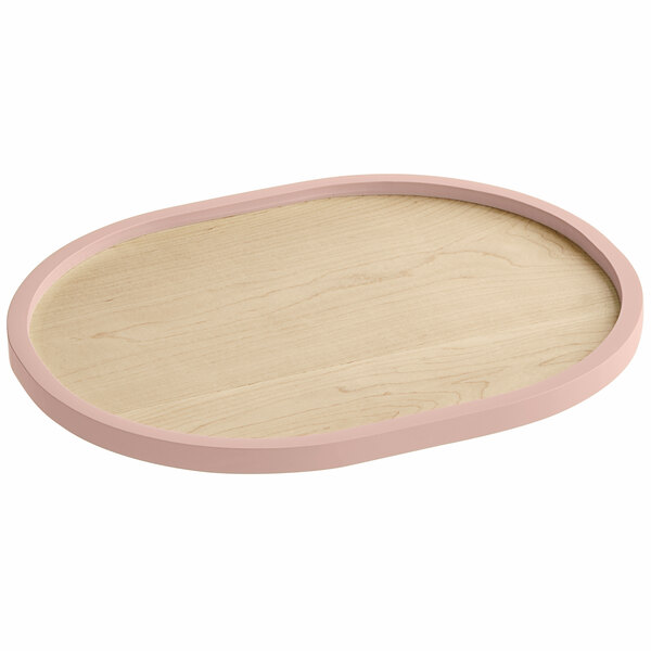 A Cal-Mil maple wood serving tray with a blush colored rim.
