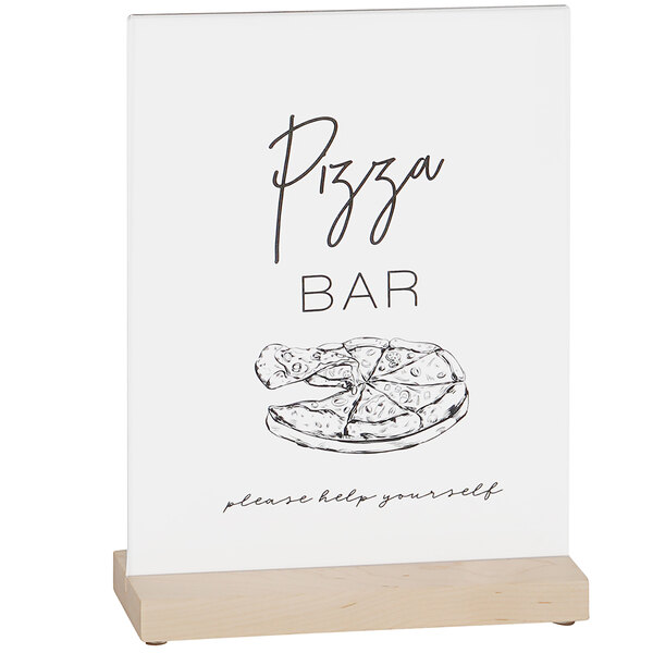 A Cal-Mil maple wood card holder with a drawing of a pizza on it.