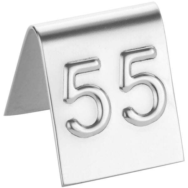 A silver metal American Metalcraft table tent with the number 55.