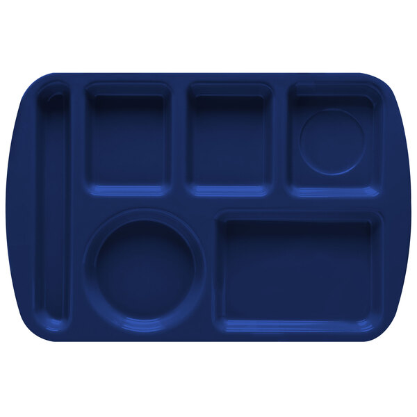 A navy blue GET left handed compartment tray with six compartments.