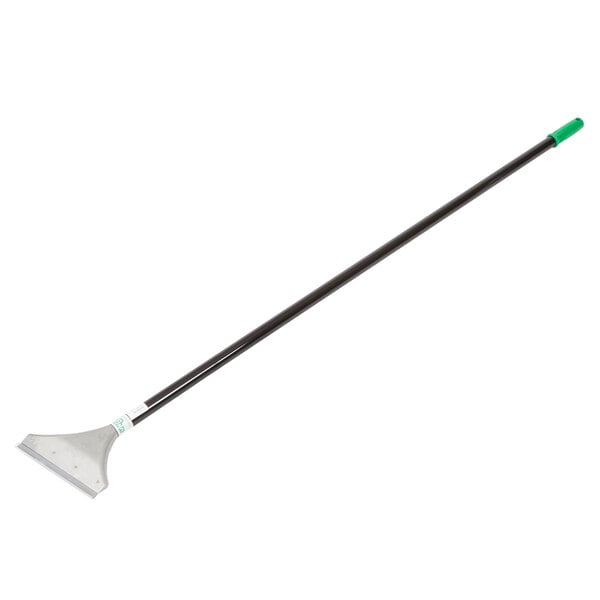 A long black Unger floor scraper with a white and green handle.