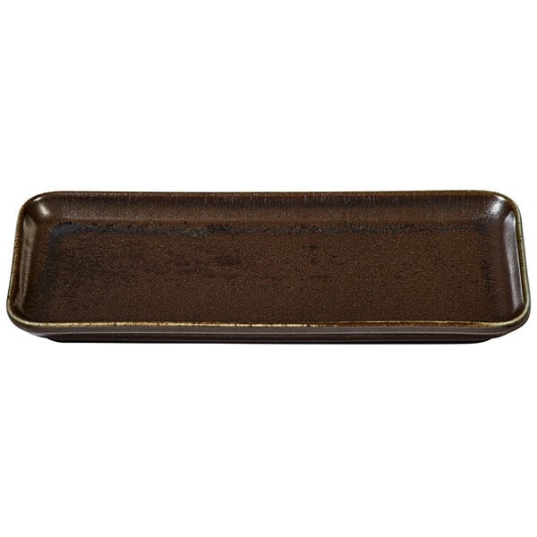 A rectangular brown porcelain platter with a dark brown finish.