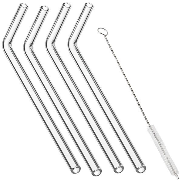 A group of Outset glass straws with a bent glass straw brush.