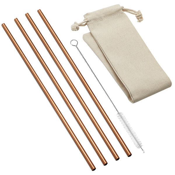 A pouch with a cleaning brush and copper straws.