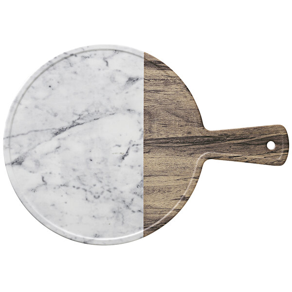 A Libbey faux wood and marble melamine serving board with a marble and wood pattern.