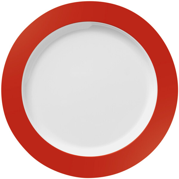A white melamine plate with a red and white rim.