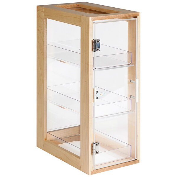 A Cal-Mil maple wood bread display case with clear glass shelves.