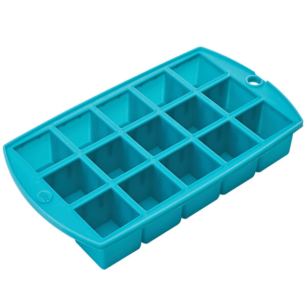 A teal silicone ice mold with 15 cube compartments.