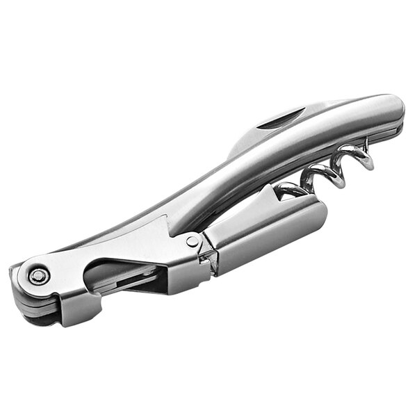 A silver Outset double-hinged corkscrew with a handle.