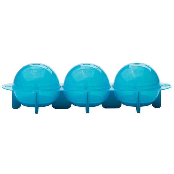 Blue plastic ice mold with three round balls inside.