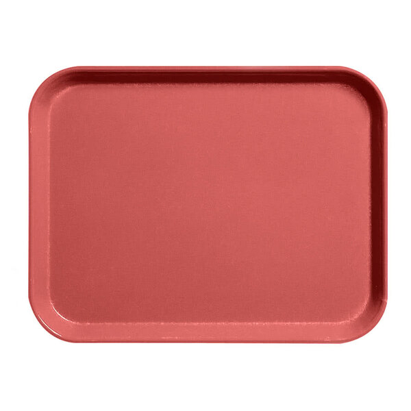 A red Cambro rectangular tray on a counter.