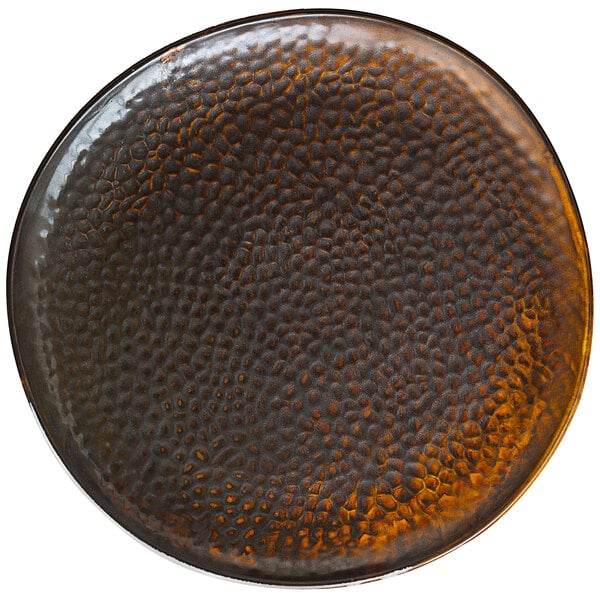 A close up of a brown Bon Chef Tavola dinner plate with a black rim.