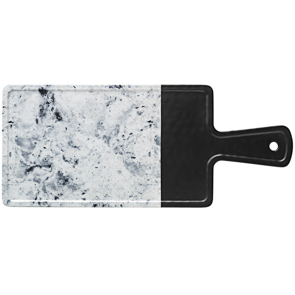 A white and black marble rectangular melamine serving board with a hole.