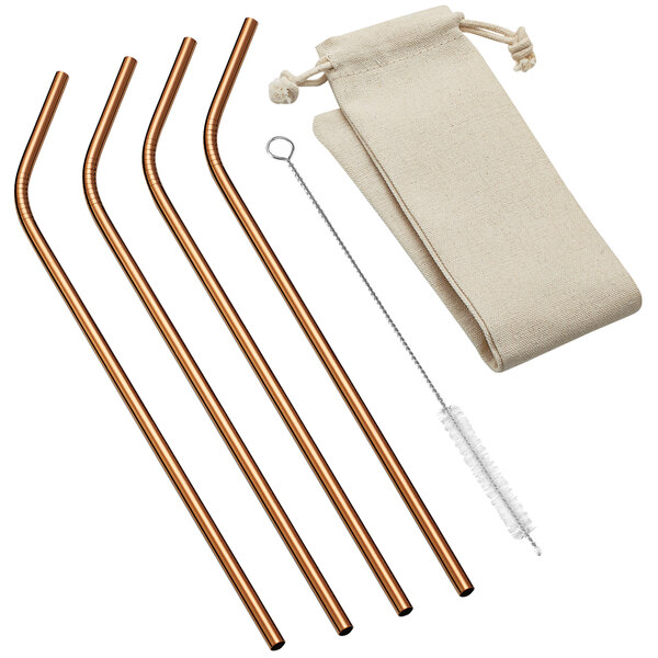 A group of four copper straws with a brush in a straw bag.