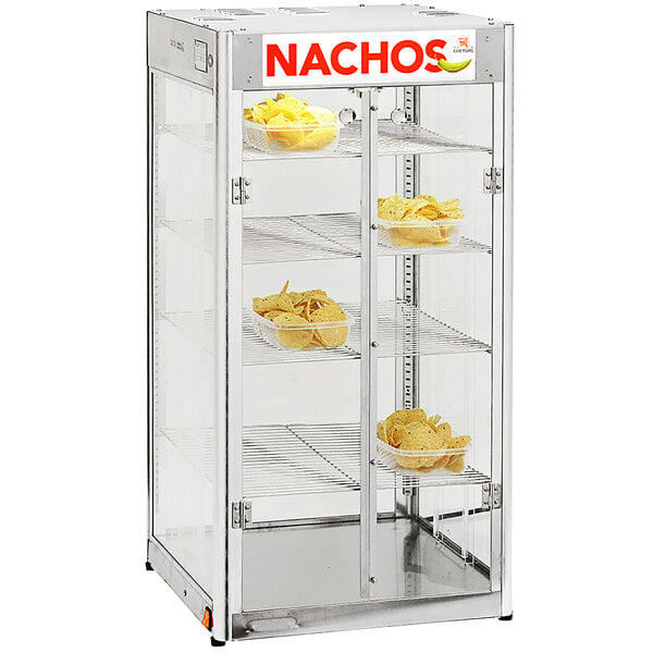 A Cretors Nacho Alto Holding Cabinet with a glass display case of nachos.