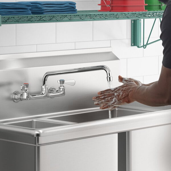 A person washing their hands in a stainless steel sink using a Regency wall mount faucet.