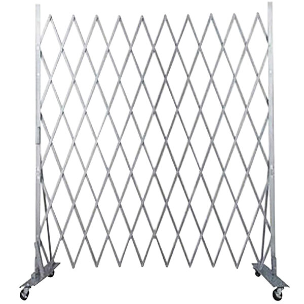 A silver metal Versare Lock-N-Block collapsible security gate with wheels.