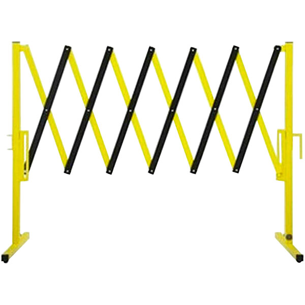 A yellow and black Versare portable safety gate with wheels.
