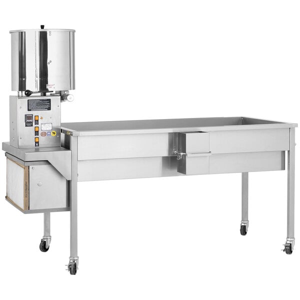 A large stainless steel Cretors popcorn cooling table with a single shelf.