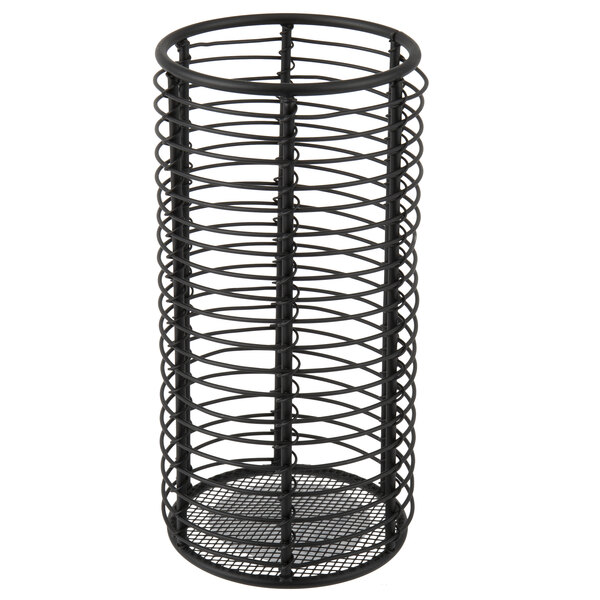 A black metal wire Sterno lamp base on a table.