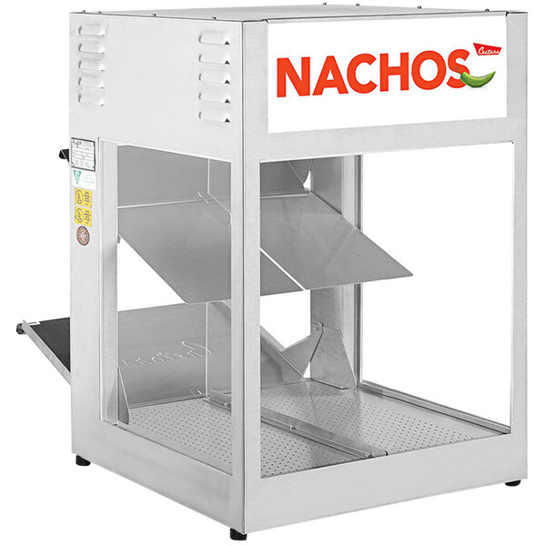 A Cretors nacho chip warmer with a glass door and a sign that says nachos.