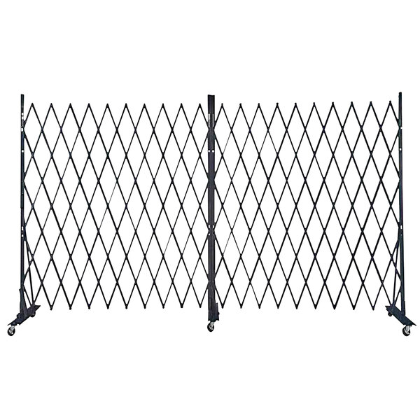 A black Versare Lock-N-Block collapsible security gate with wheels.