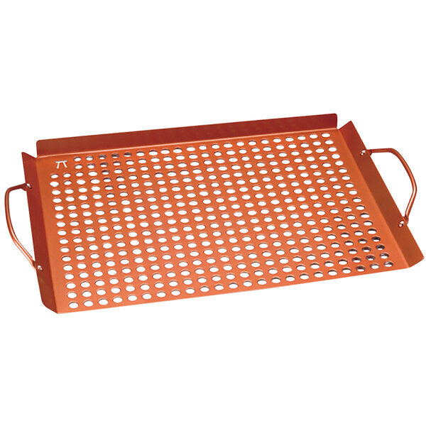 A copper Outset grill tray with holes in the metal surface.