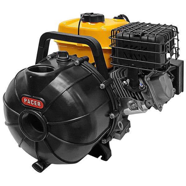 A black and yellow Pacer water pump with a hose.