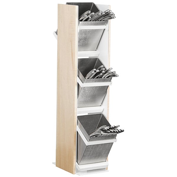 A Cal-Mil wooden vertical flatware holder with silverware in it.