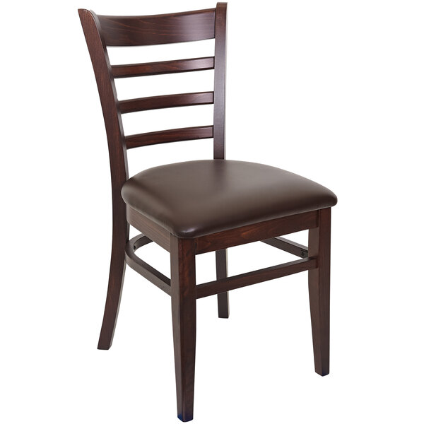 A BFM Seating Berkeley dark walnut beechwood restaurant chair with a dark brown vinyl seat.