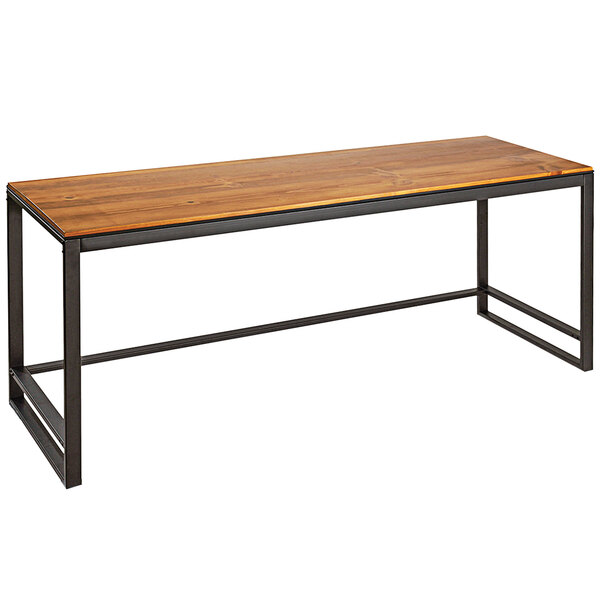 A Cal-Mil Madera rustic pine merchandising table with metal legs.