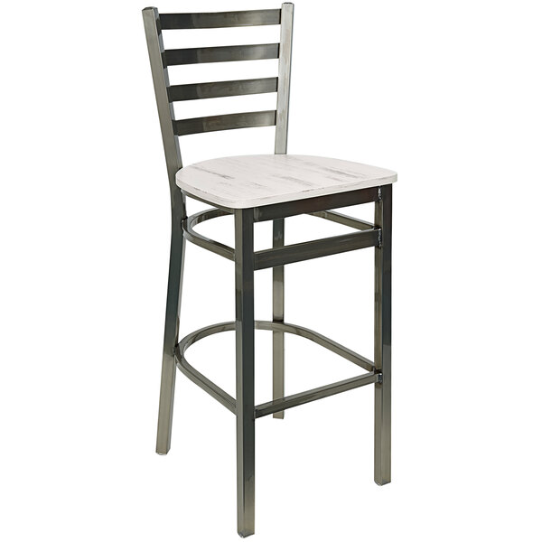 A BFM Seating white metal barstool with a wooden seat.