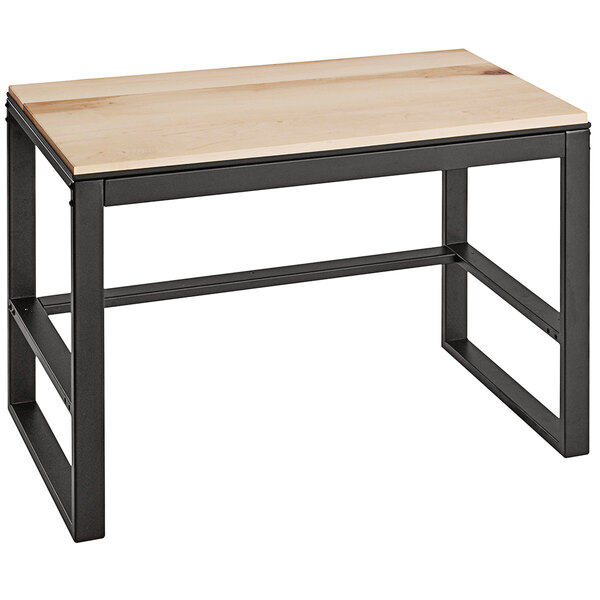 A maple nesting merchandising table with a metal frame.